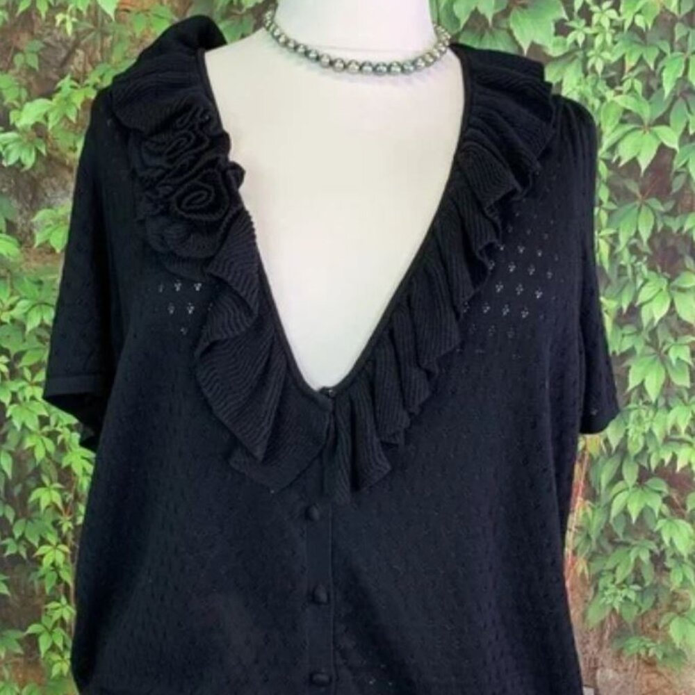 INC Black Pointelle Cardigan with flouncy rosette collar detail